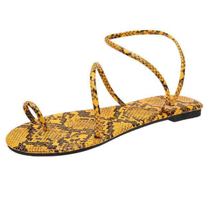 Women snakeskin summer ring toe two strap slip on flat strappy sandals