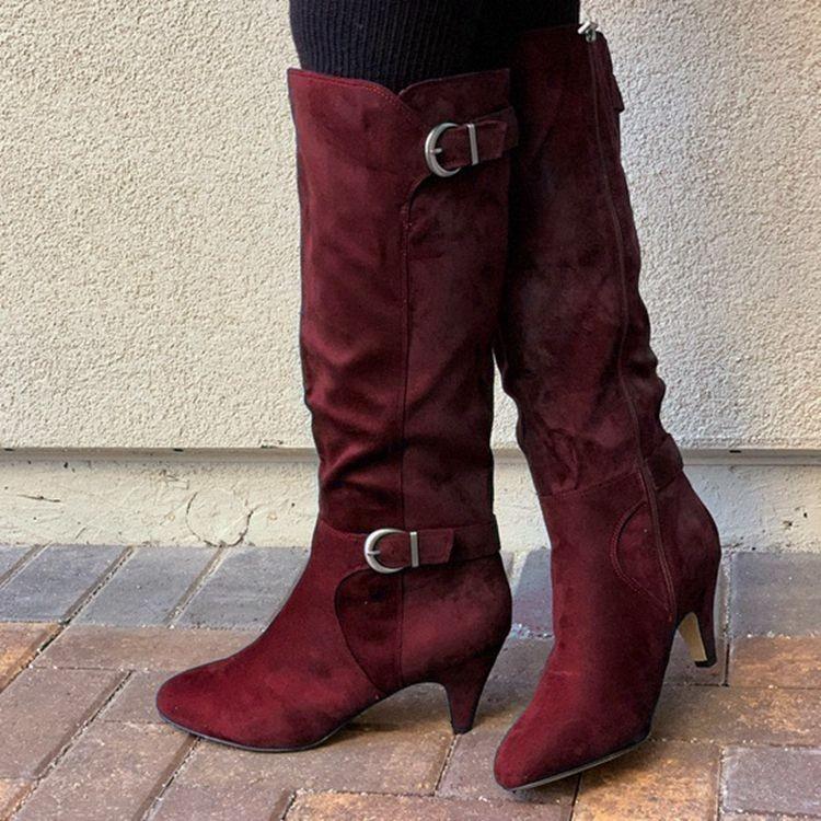 Women kitten heel buckle strap knee high boots