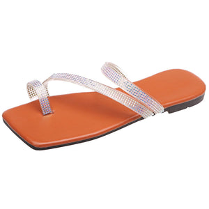 Women square ring toe rhinestone strap slide flat sandals