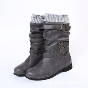 Women winter slip on chunky heel buckle straps mid calf boots