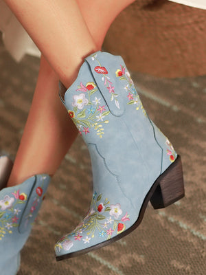Women cowboy boots | Embroidered flower chunky heel short boots | Square toed blue boots