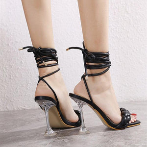 Women woven square peep toe strappy lace up high heels