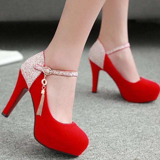 Women sequin color block pendant buckle strap dancing high heels