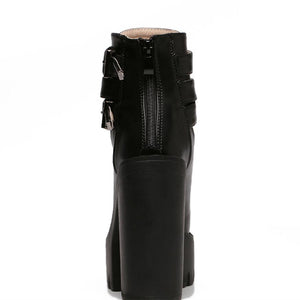 Women chunky high heel buckle strap short black platform boots