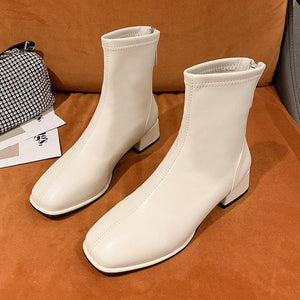 Women chunky heel back zipper short square toed boots
