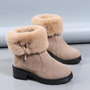 Women chunky heel rhinestone pendant faux fur short snow boots