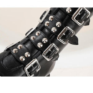 Women mid calf buckle strap chunky platform motorcycle boots