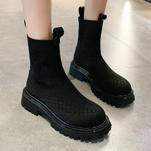Women knit sock breathable slip on chunky platform short black boots