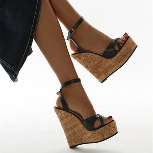 Women criss cross peep toe platform ankle buckle strap high wedge heels