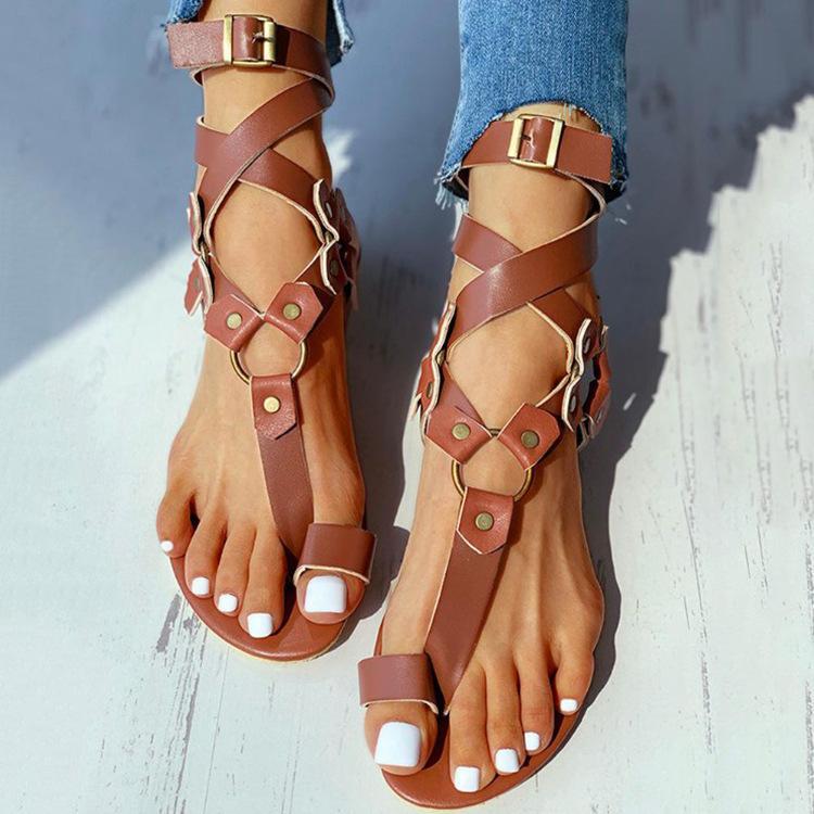 Women criss cross strappy ring toe flat sandals