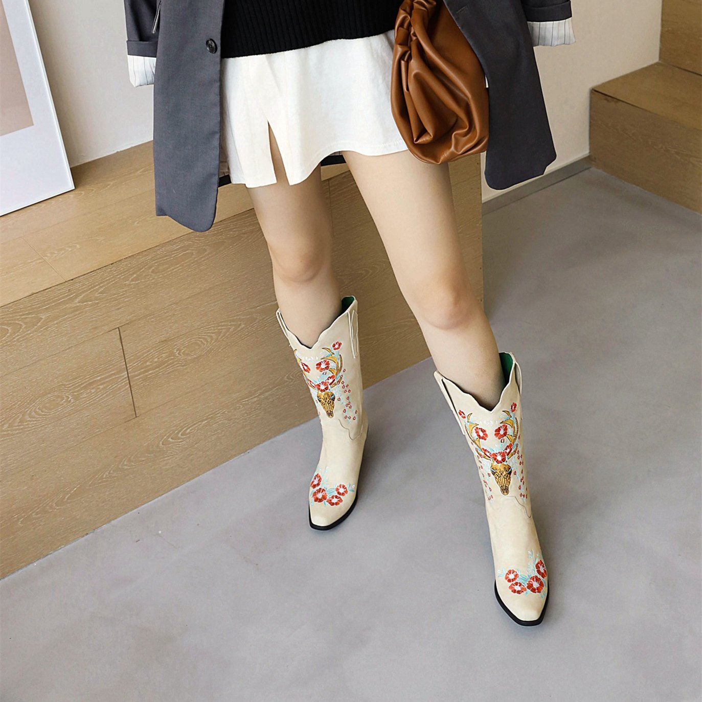 Women mid calf flower embroidered chunky heel cowboy boots