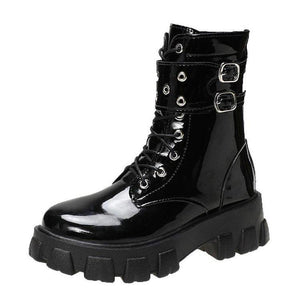 Women buckle strap lace up chunky platform motorcycle boots