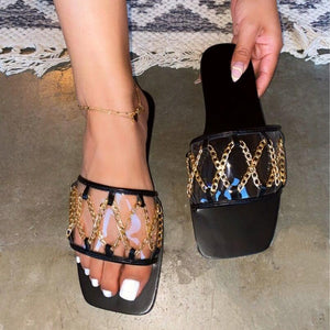 Women clear strap criss cross chain d¨¦cor slide flat sandals