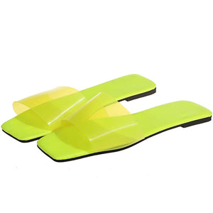 Women neon square peep toe strap summer slide sandals