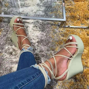 Women peep toe criss cross strappy lace up wedge sandals