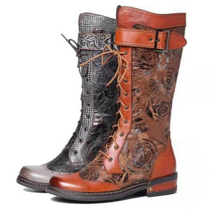 Women retro flower buckle strap lace up mid calf boots
