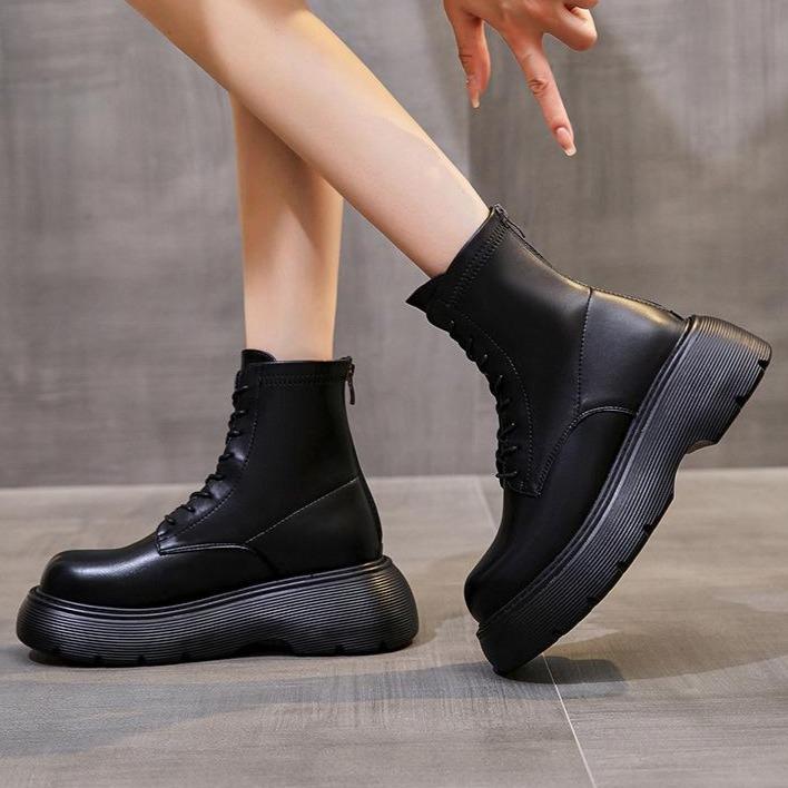 Women black lace up back zipper chunky platform motorcycle boots