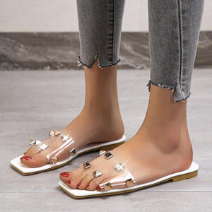 Women summer beach studded clear strap square peep toe slide sandals