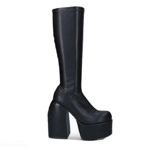Women knee high black side zipper chunky high heel platform boots