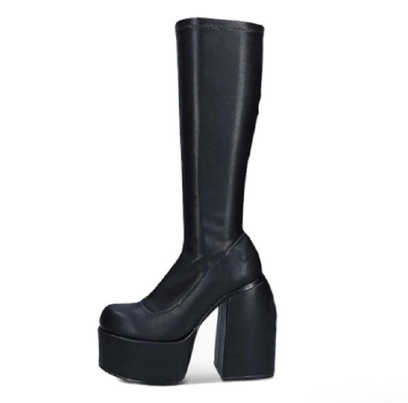 Women knee high black side zipper chunky high heel platform boots