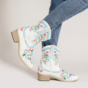 Women cowgirl boots | Flower embroidery chunky heel western boots | Slip on short boots