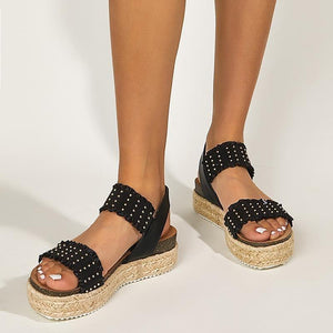 Women studded elastic strap peep toe espadrille black sandals