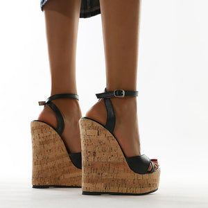 Women criss cross peep toe platform ankle buckle strap high wedge heels