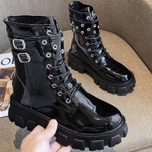 Women buckle strap lace up chunky platform motorcycle boots