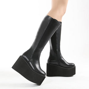 Women knee high solid color black side zipper chunky platform boots