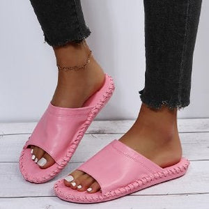 Women solid color peep toe stitching slide flat sandals