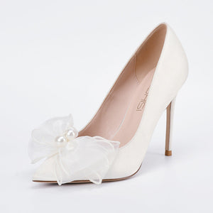 Women white rhinestone silk bowknot pointed toe stiletto high wedding heels