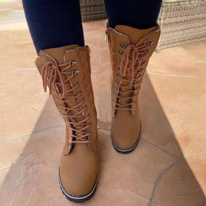 Women winter fall chunky platform lace up side zipper mid calf boots