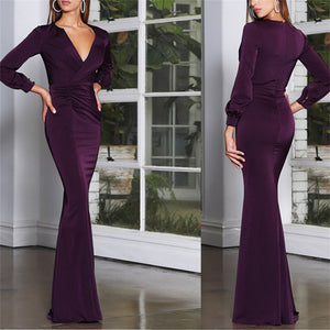 Fall winter sexy deep V neck ruched mermaid flare maxi dress | Formal cocktail party evening gowns long sleeves