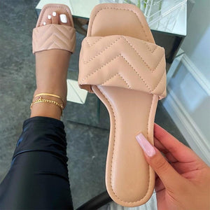 Women square peep toe one strap summer beach slide sandals