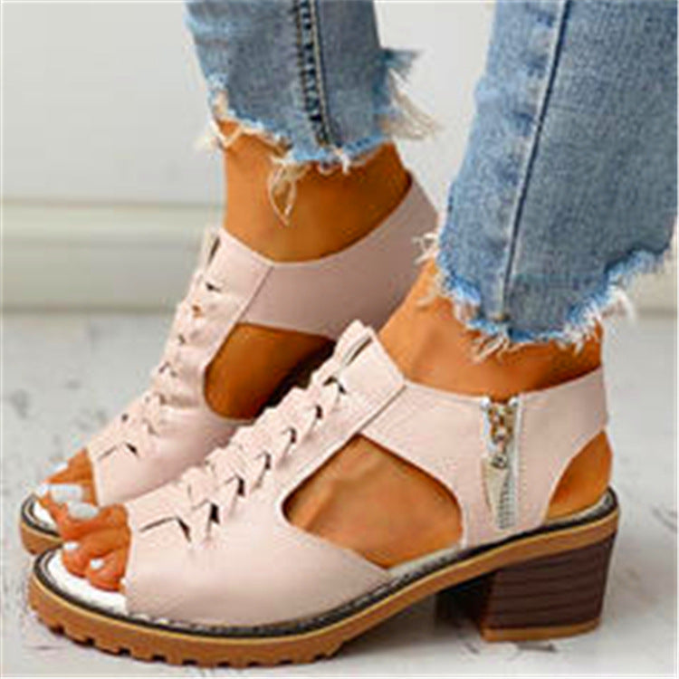 Women hollow slingback side zipper chunky heel sandals