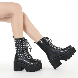 Women black lace up studded chunky platform motorcycle boots