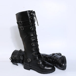 Women knee high chunky heel buckle strap lace up boots