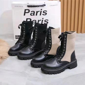 Women chunky platform knit short motorcycle lace up boots