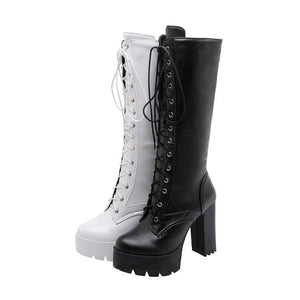 Women knee high chunky heel platform lace up boots