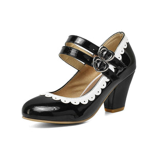 Women fashion round closed toe buckle strap chunky heels