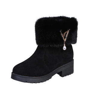 Women chunky heel rhinestone pendant faux fur short snow boots