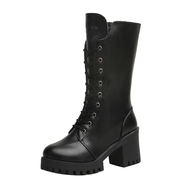 Women chunky heel platform lace up side zipper black mid calf boots