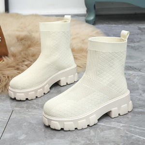 Women chunky platform solid color knit sock booties