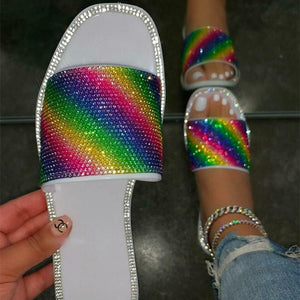 Women rainbow sparkly rhinestone strap square toe flat slide sandals