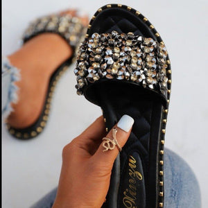 Women rhinestone peep toe slide flat black sandals
