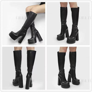 Women knee high boots platform side zipper chunky high heel boots long black boots