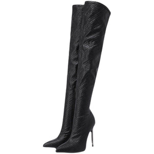 Women stiletto high heel pointed toe plaid embossed knee high boots
