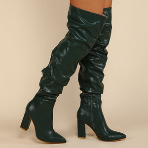 Women fashion solid color side zipper chunky high heel pointed toe over the knee boots