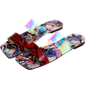 Women snakeskin sequin two strap colorful flower slide flat sandals