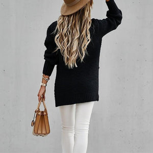 Women long sleeve pullover chunky knit slit-hem sweater